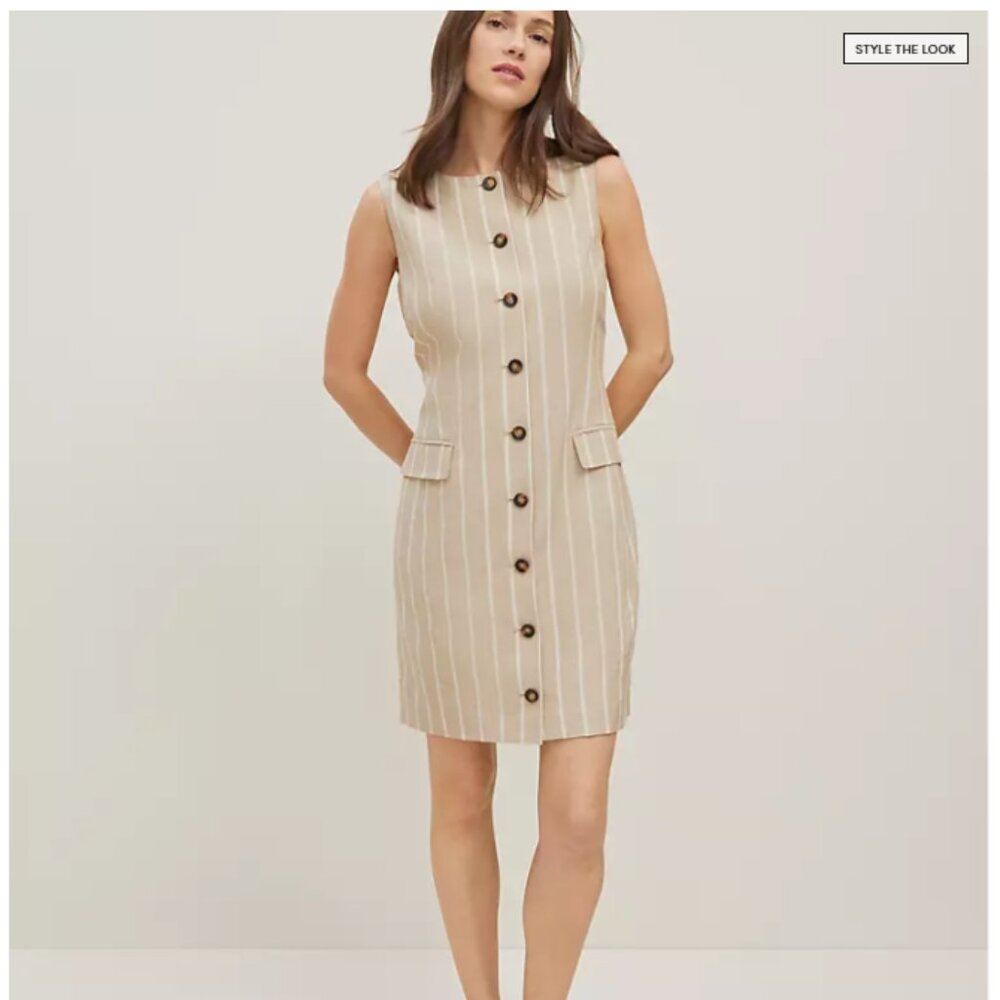 NEW AT Ann Taylor The Button Pocket Shift Dress in Pinstripe Sandstorm white